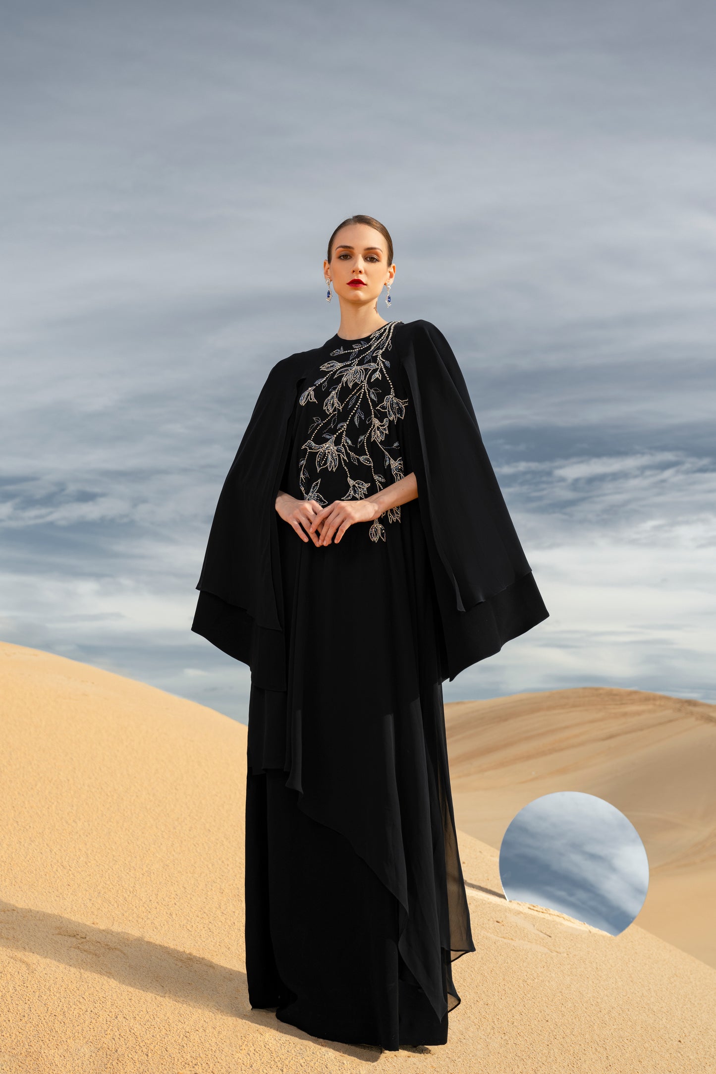 Black Floral Embellished Abaya with Flowing Cape Design