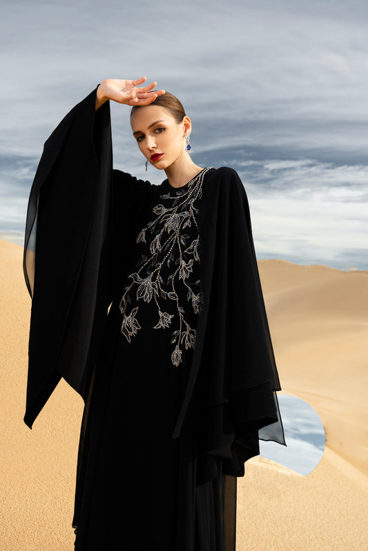 Black Floral Embellished Abaya with Flowing Cape Design