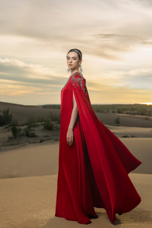 Red Embellished Kaftan Gown with Pearl Detailing