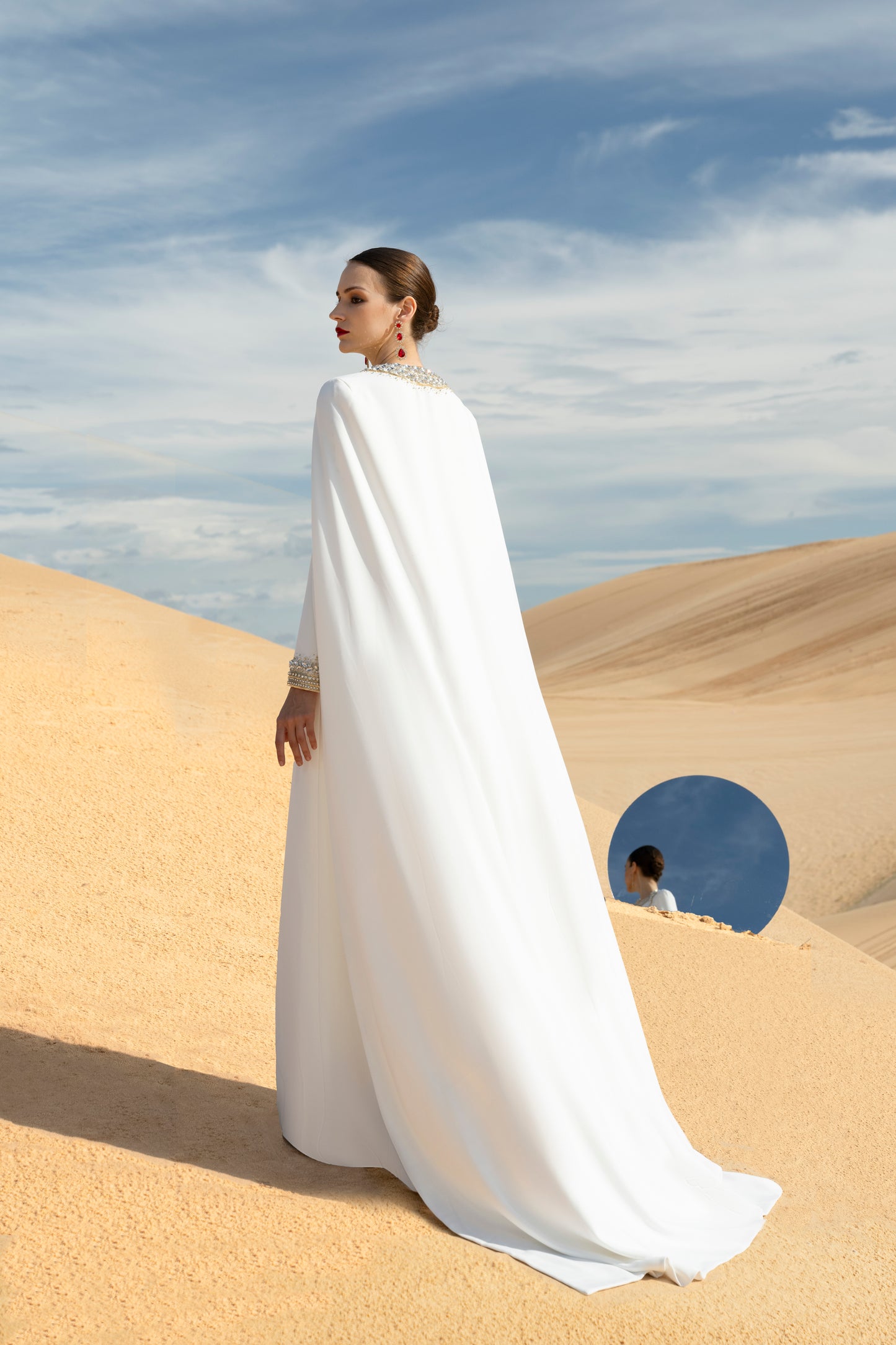 White Gown with Golden Embroidery and Cape