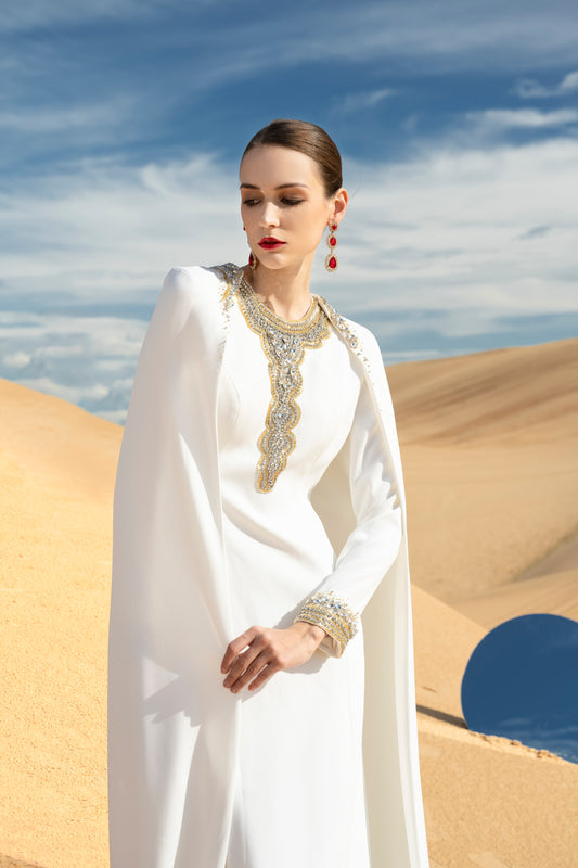 White Gown with Golden Embroidery and Cape