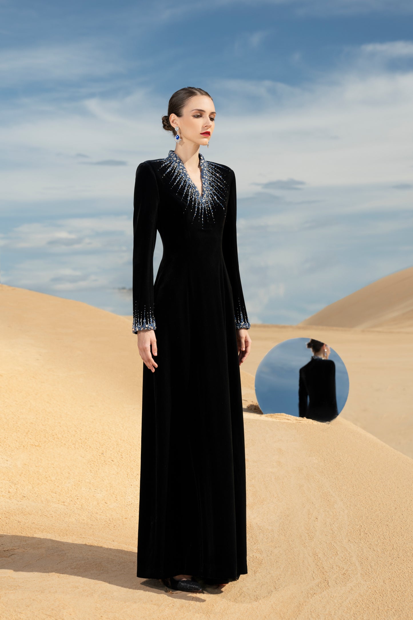 Black Velvet Evening Gown with Radiant Embellished Neckline