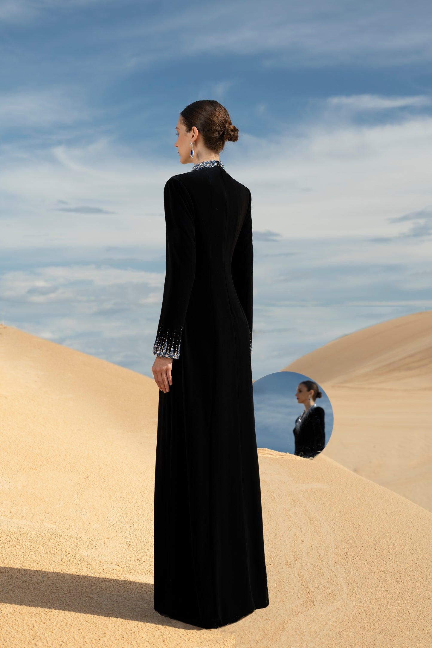 Black Velvet Evening Gown with Radiant Embellished Neckline