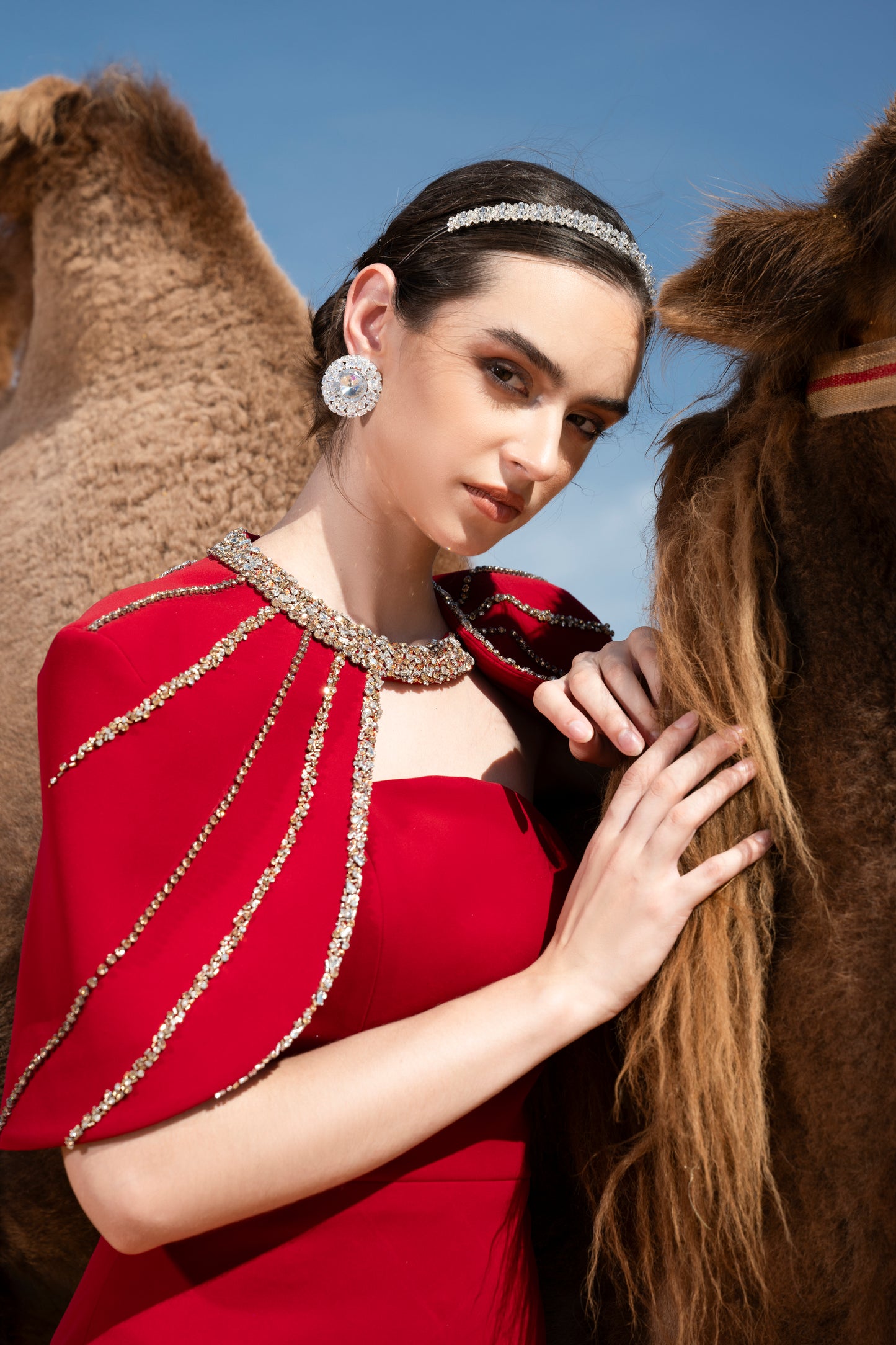 Red Evening Gown with Beaded Capelet and Strapless Design
