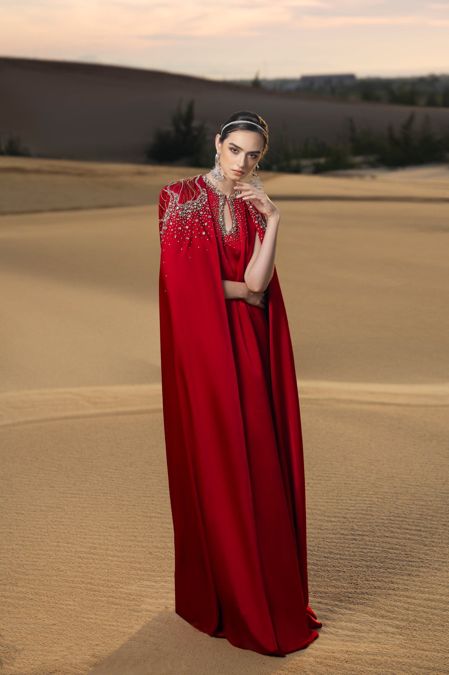 Red Embellished Kaftan Gown with Pearl Detailing