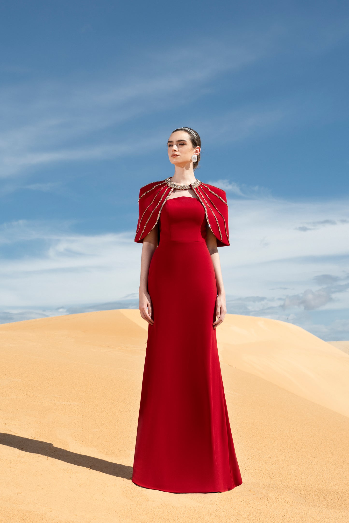 Red Evening Gown with Beaded Capelet and Strapless Design
