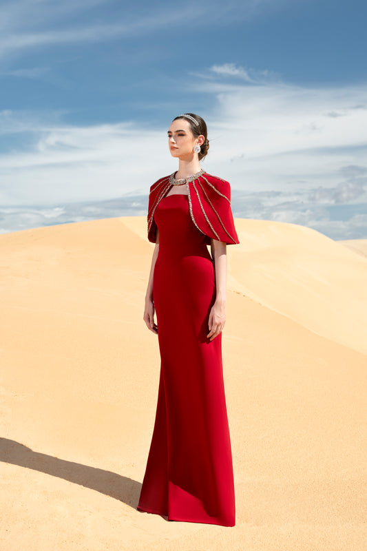 Red Evening Gown with Beaded Capelet and Strapless Design