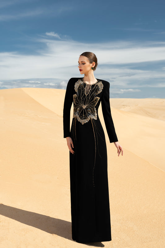 Black Gown with Embellished Butterfly Motif