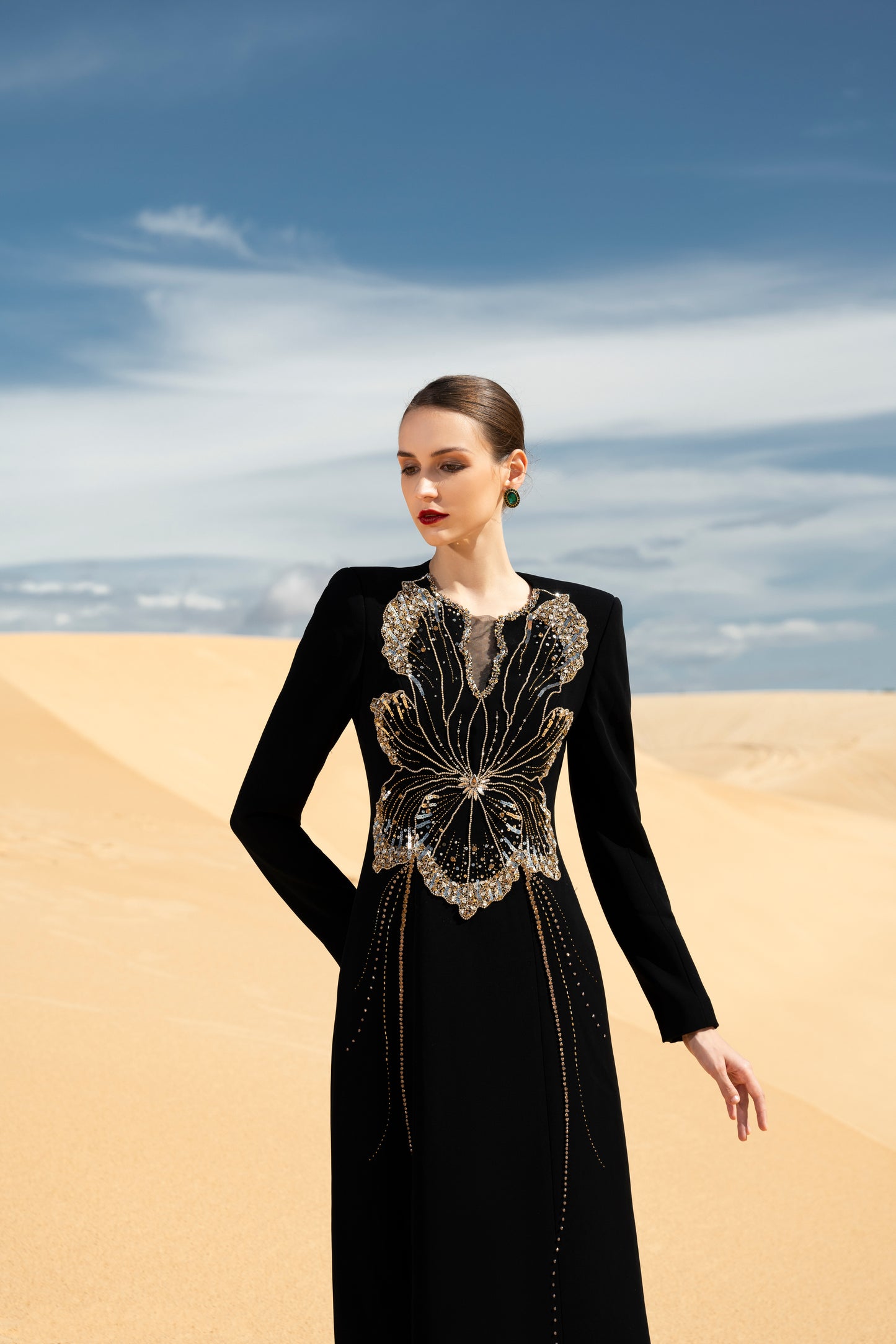 Black Gown with Embellished Butterfly Motif