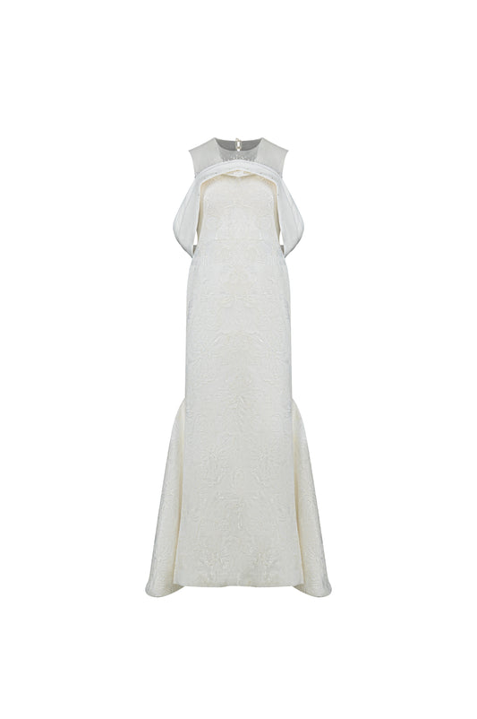 Off-Shoulder Embroidered White Evening Gown
