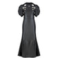 Black Faux-Leather Midi Dress – Puff Sleeve A-Line Gown with Embellishments