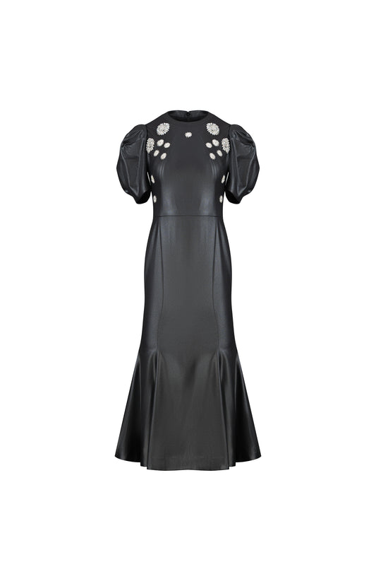 Black Faux-Leather Midi Dress – Puff Sleeve A-Line Gown with Embellishments