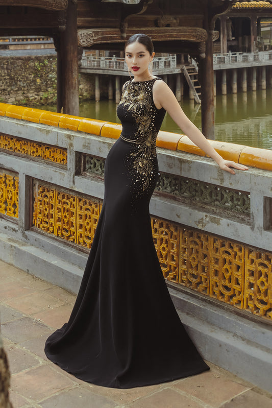 Black Gold Embroidered Evening Gown