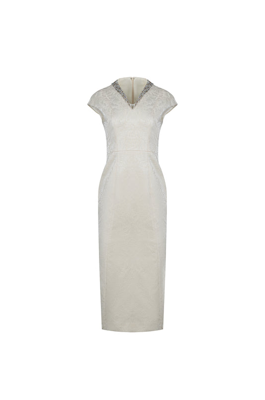 White Embellished V-Neck Midi Dress for Formal Occasions