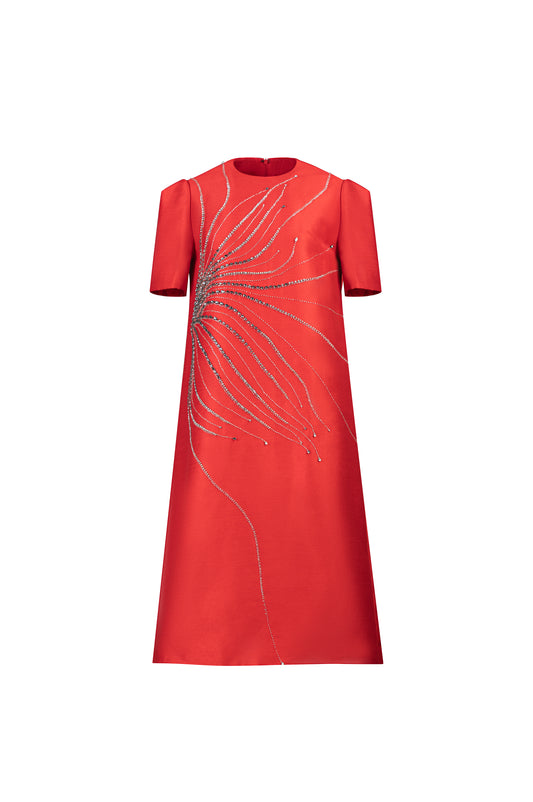 Scarlet Radiance Midi Dress with Crystal Burst Design