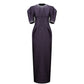 Purple Jacquard Evening Gown with Puff Sleeves & Embellished Neckline