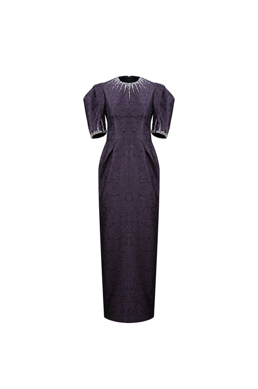 Purple Jacquard Evening Gown with Puff Sleeves & Embellished Neckline