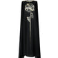 Black Cape Gown with Gold Floral Embroidery and Jewel Accents