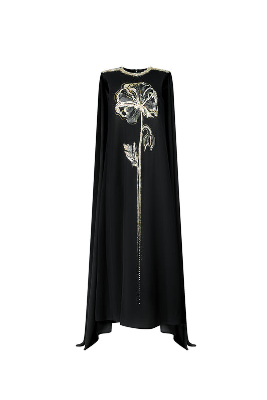 Black Cape Gown with Gold Floral Embroidery and Jewel Accents