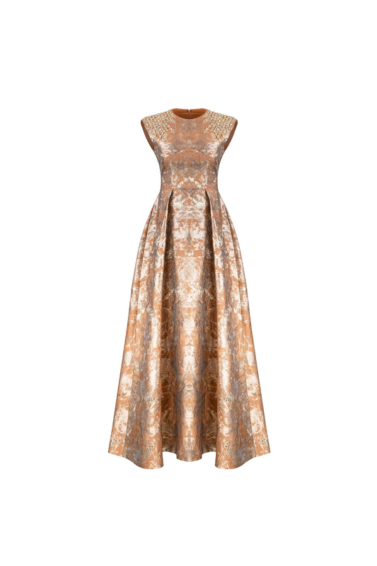Gold Brocade Evening Gown with Embellished Shoulders