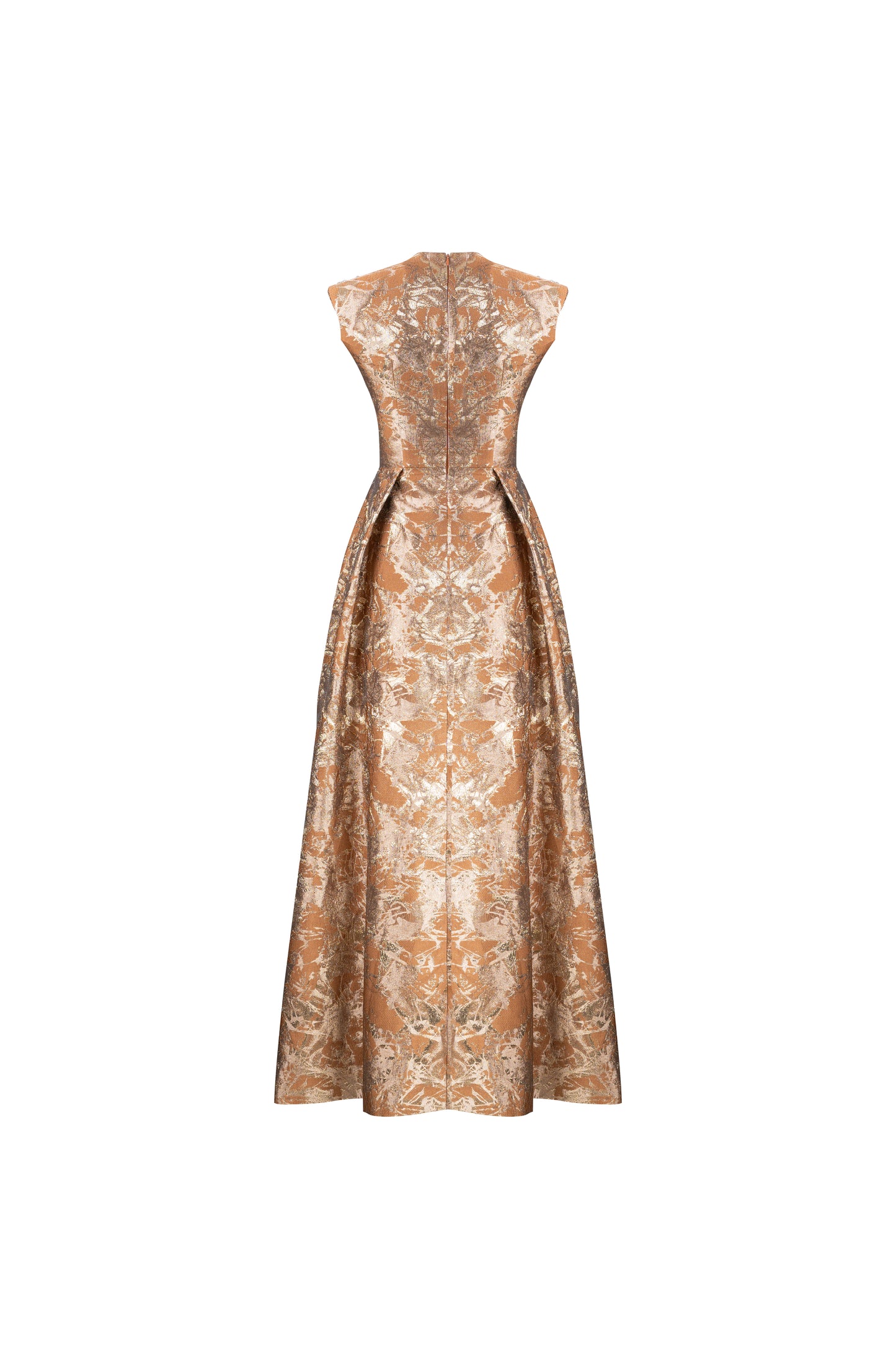 Gold Brocade Evening Gown with Embellished Shoulders