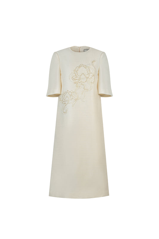 Ivory Midi Dress with Floral Bead Embroidery