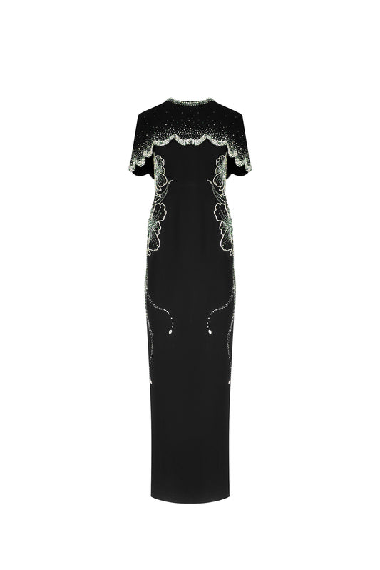 Black Gown with Embroidered Cape and Floral Details