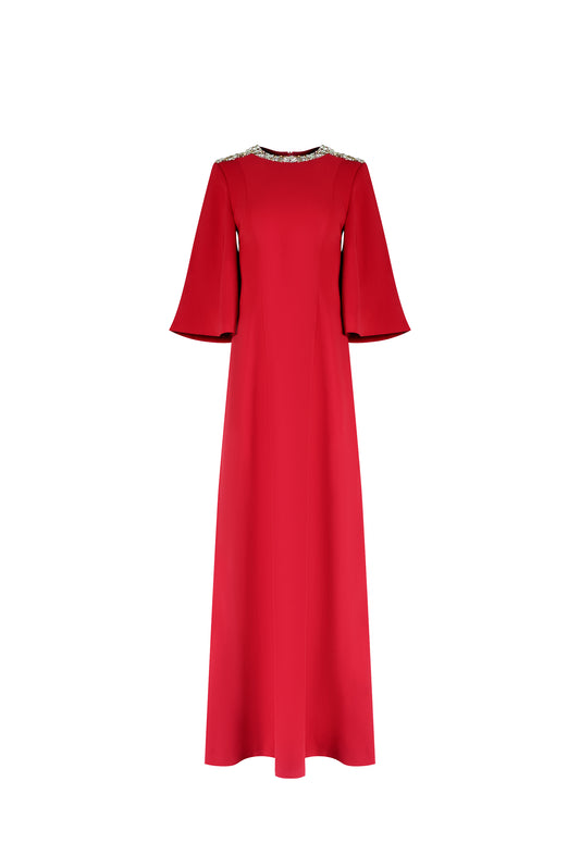 Minimalist Red A-Line Dress with Beaded Neckline