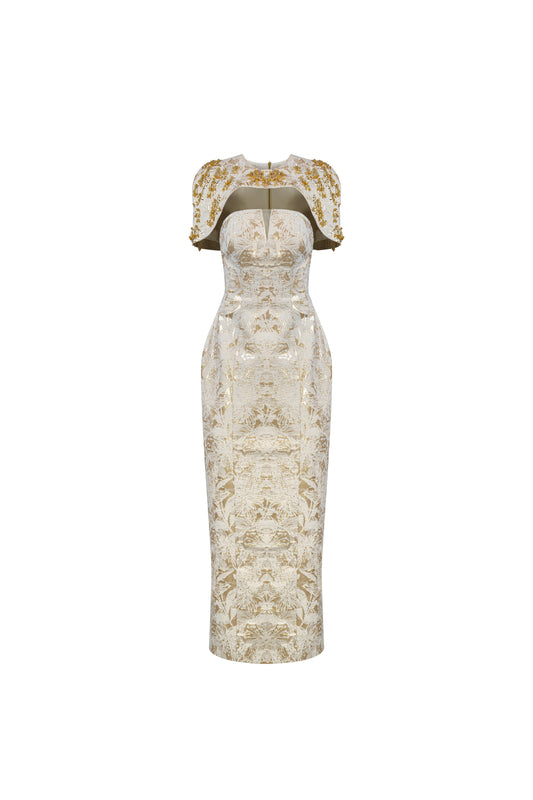Gold Brocade Embroidered Long Gown with Structured Cape
