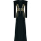 Black Long-Sleeve Gown with Gold Embellished Floral Design and V-Neckline