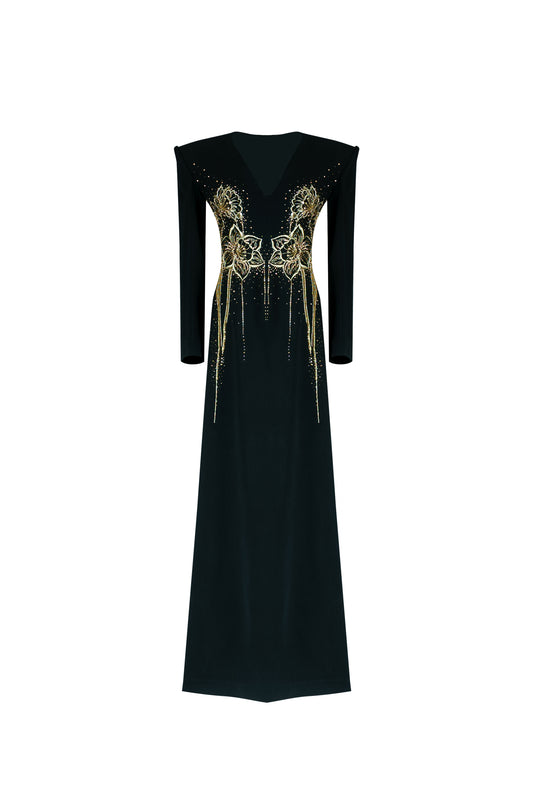 Black Long-Sleeve Gown with Gold Embellished Floral Design and V-Neckline