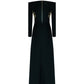 Black Long-Sleeve Gown with Gold Embellished Floral Design and V-Neckline