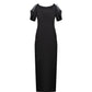 Black Square-Neck Gown with Embellished Cape Sleeves