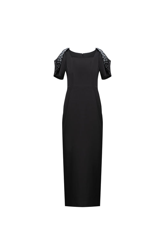 Black Square-Neck Gown with Embellished Cape Sleeves