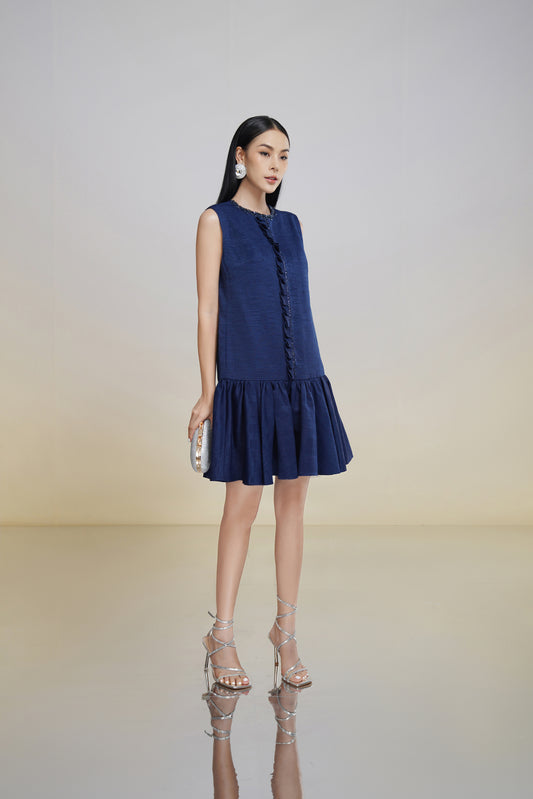Sleeveless Navy Blue Drop-Waist Ruffle Mini Dress