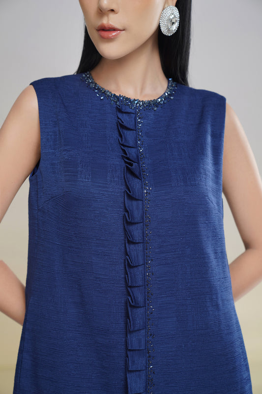 Sleeveless Navy Blue Drop-Waist Ruffle Mini Dress