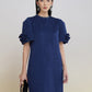 Navy Puff-Sleeve Knee-Length Dress with Embellished Neckline