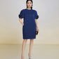 Navy Puff-Sleeve Knee-Length Dress with Embellished Neckline