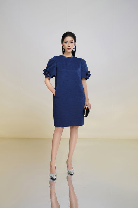 Navy Puff-Sleeve Knee-Length Dress with Embellished Neckline