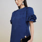 Navy Puff-Sleeve Knee-Length Dress with Embellished Neckline
