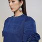 Navy Puff-Sleeve Knee-Length Dress with Embellished Neckline
