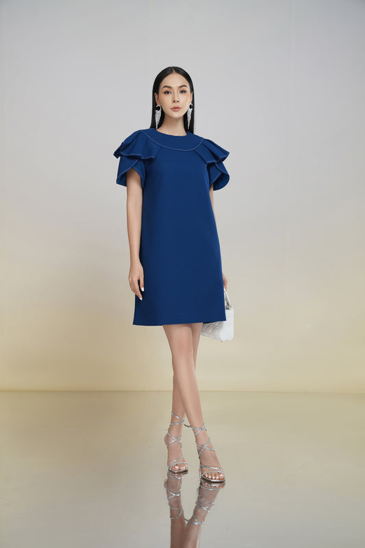 Navy Blue Ruffle Sleeve Shift Dress