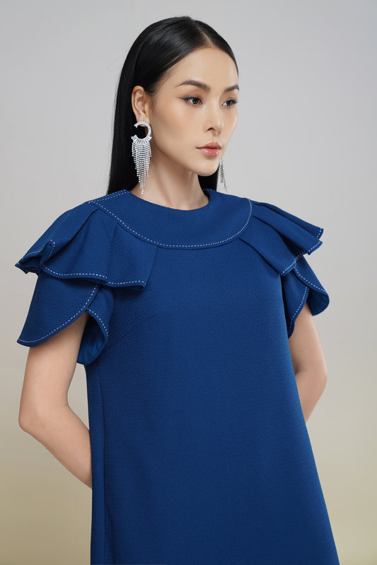 Navy Blue Ruffle Sleeve Shift Dress