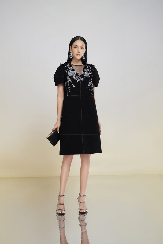 Black Floral Embroidered Mesh Panel Shift Dress