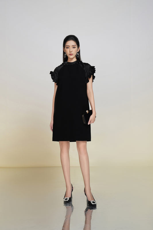 Black Ruffle Sleeve Embellished A-Line Dress