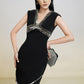Glamorous Black Sleeveless V-Neck Dress with Metallic Embellishments