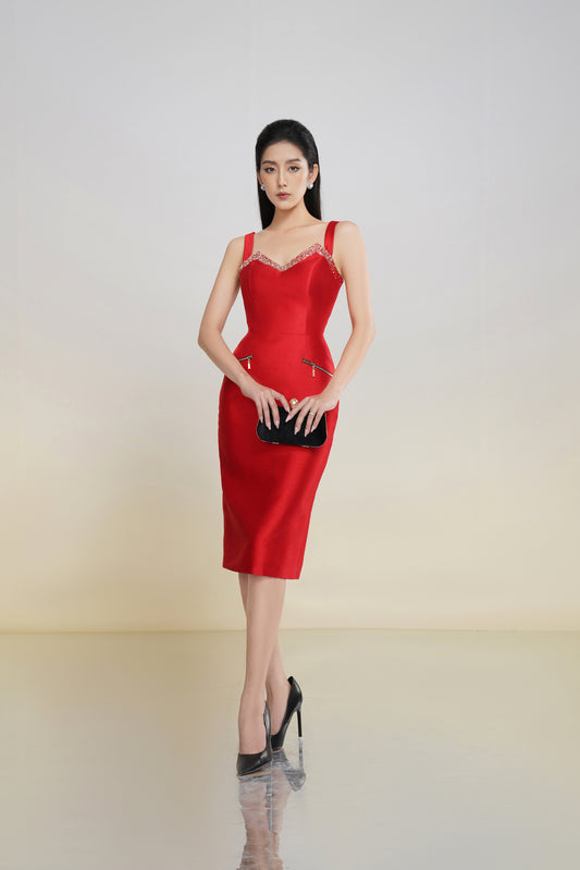 Stunning Red Bodycon Midi Dress with Beaded Sweetheart Neckline
