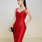 Stunning Red Bodycon Midi Dress with Beaded Sweetheart Neckline