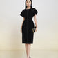 Black Midi Dress with Beaded Trim and Short Flutter Sleeves