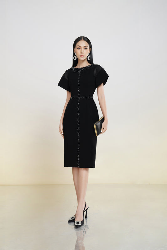 Black Midi Dress with Beaded Trim and Short Flutter Sleeves